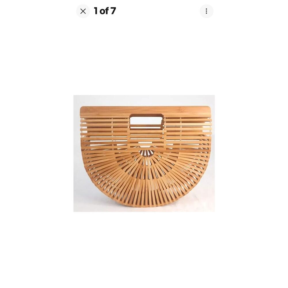 Vintage Purse Handbag Natural Bamboo Wood Half Moon Beach 11¼" X 9½" X 3½ Boho